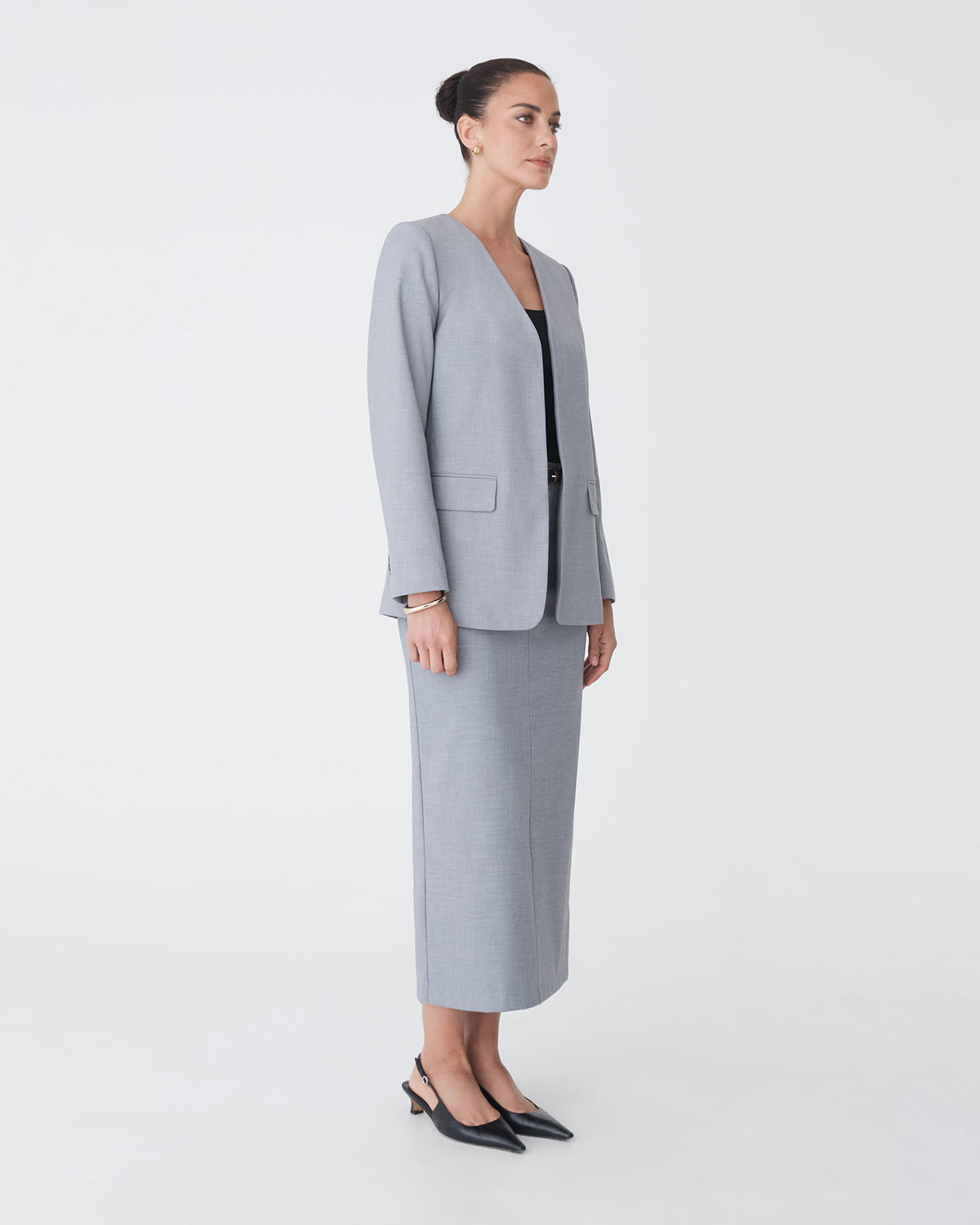 Aaria Collarless Blazer in steel — side view