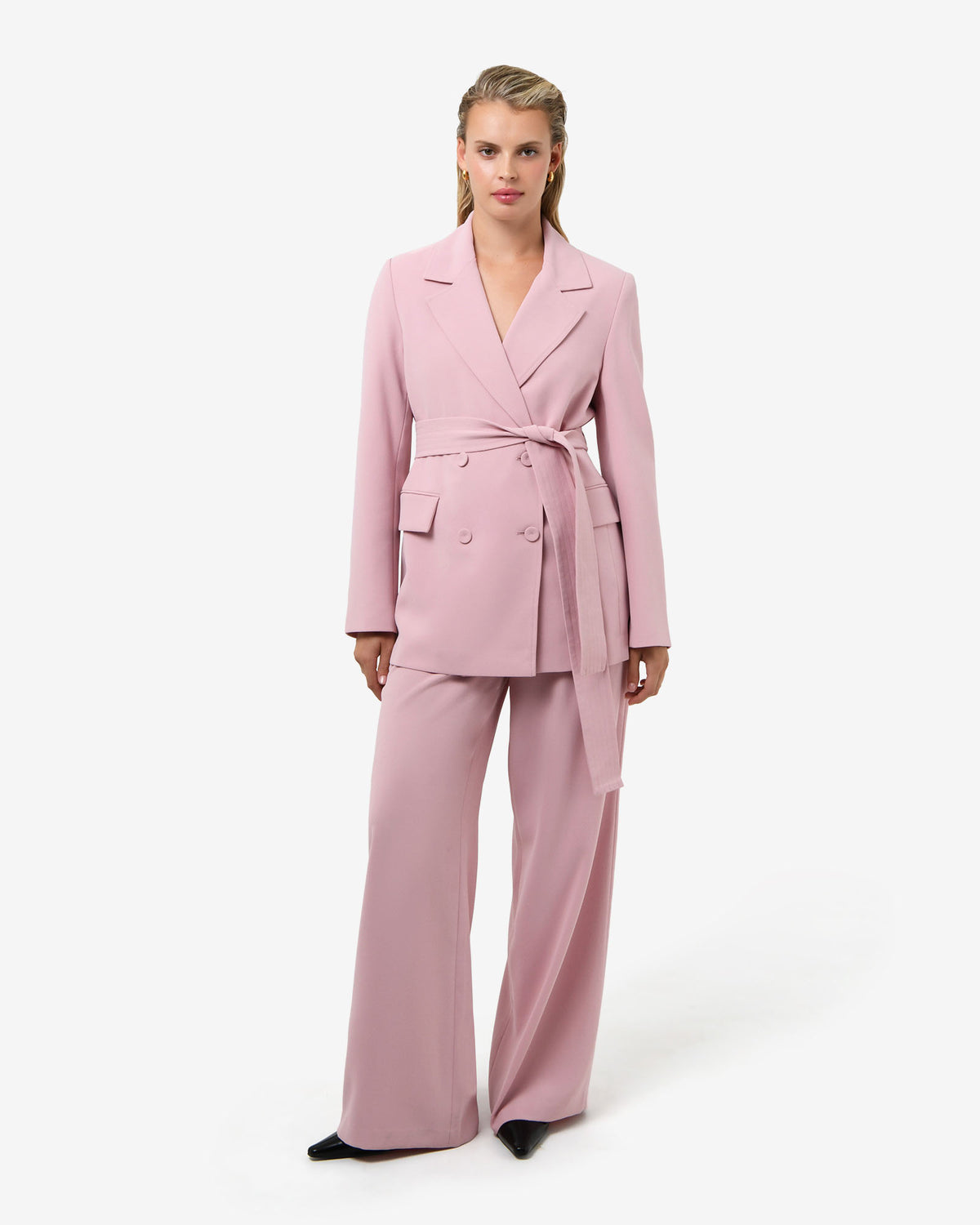 Rumy Double Breasted Blazer in pink — full-length view