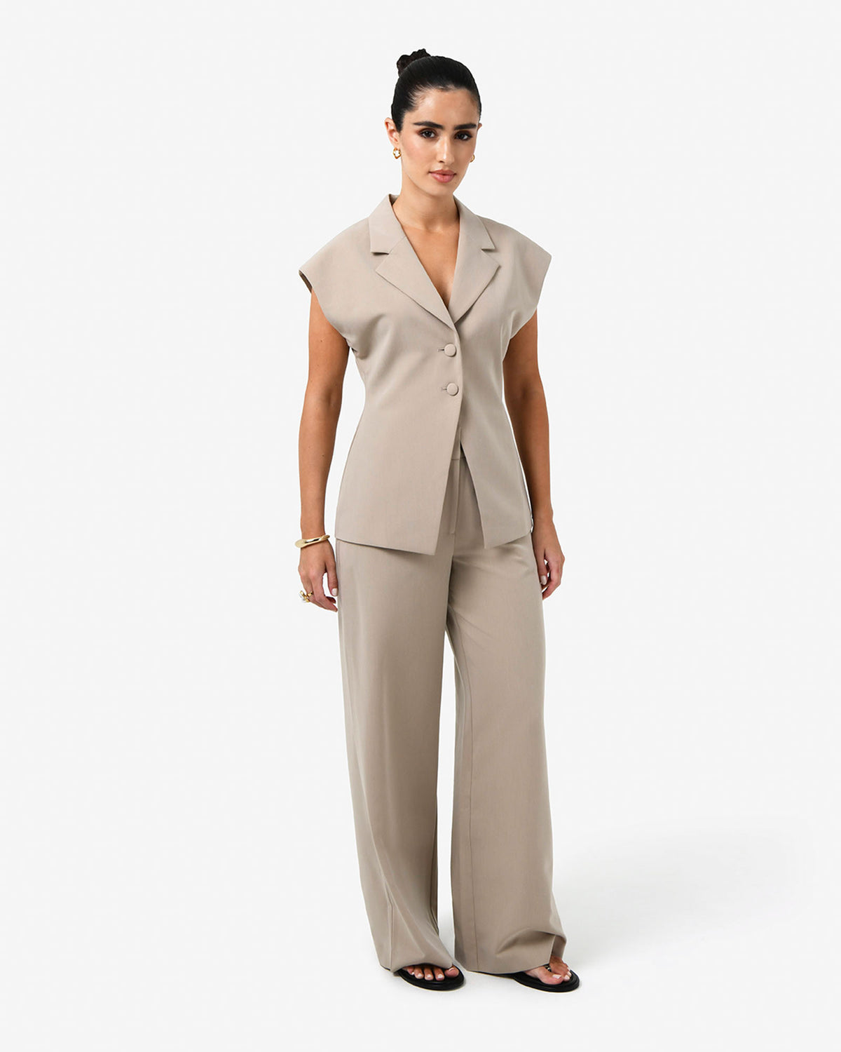 Milton Short Sleeve Blazer in khaki — full-length view