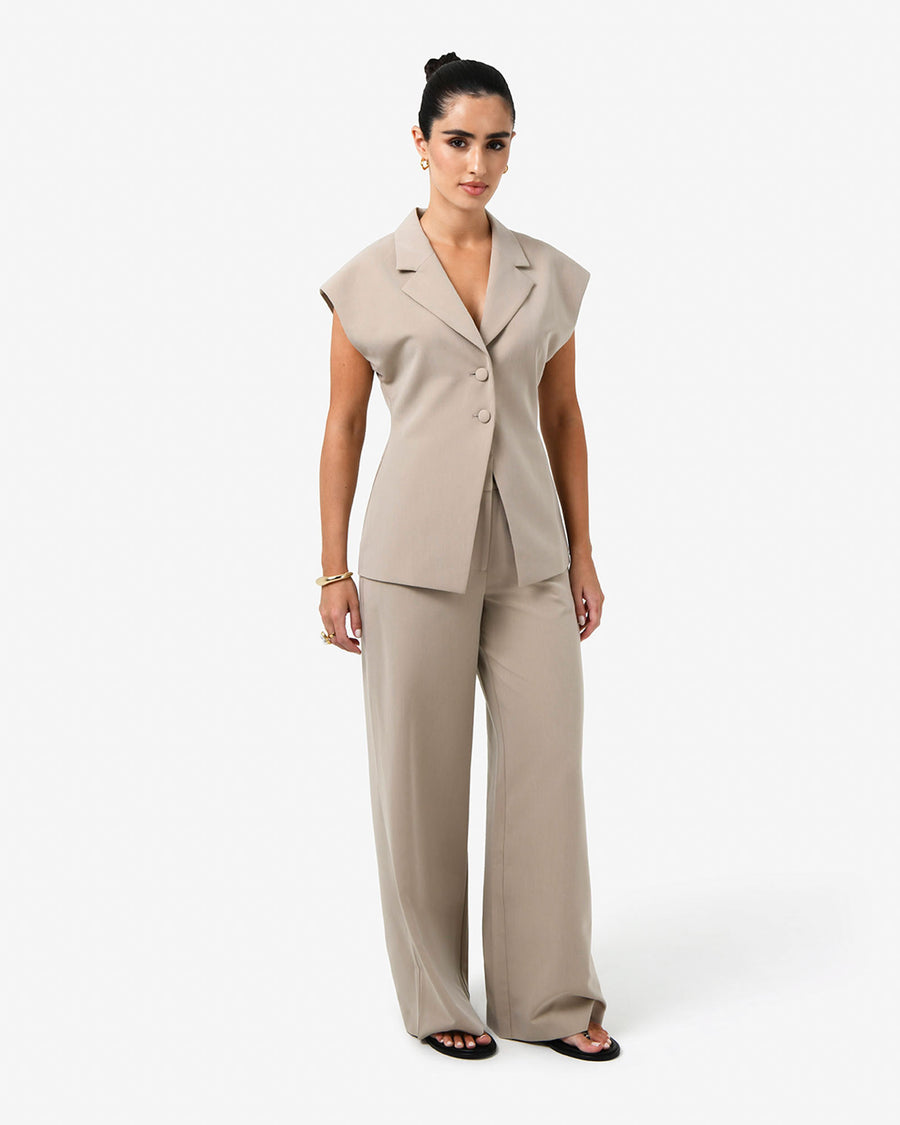Milton Short Sleeve Blazer in khaki — full-length view