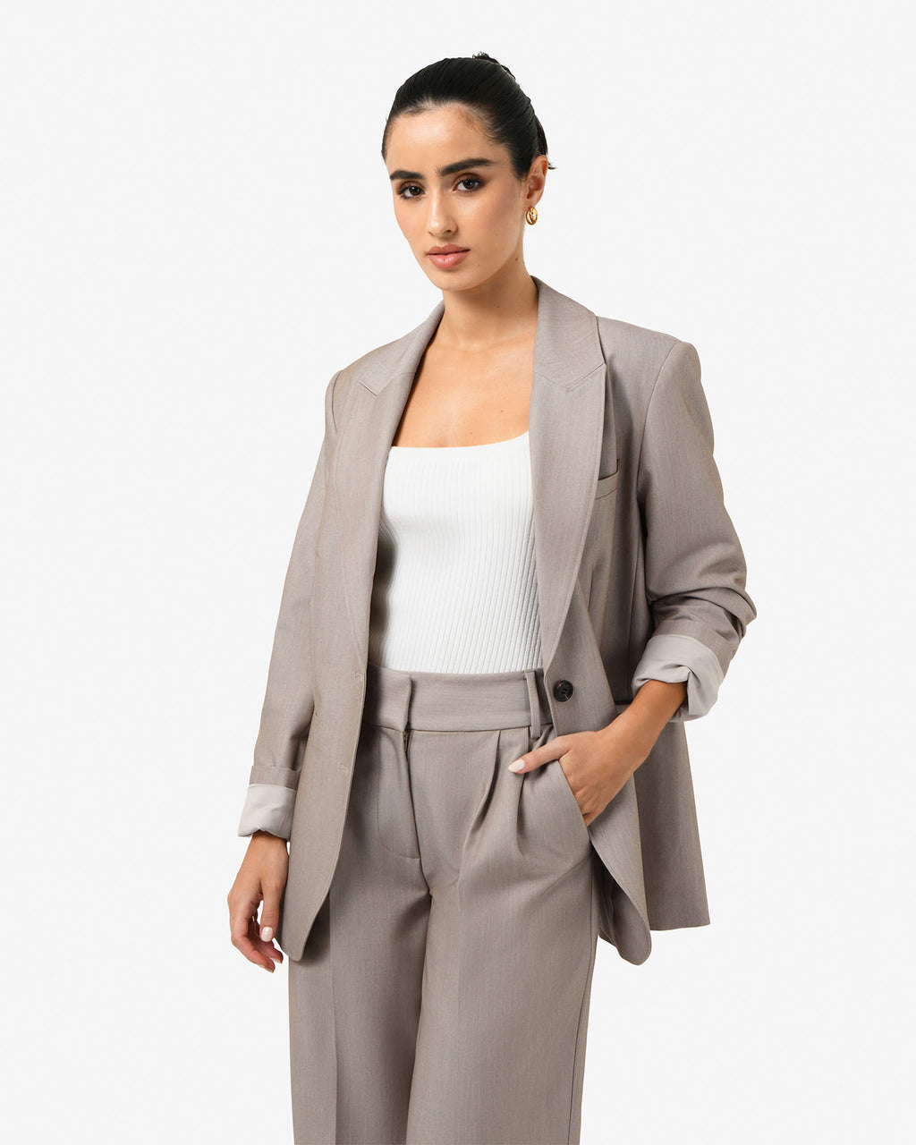 Fitzroy Single Breasted Blazer in oyster beige — close-up view