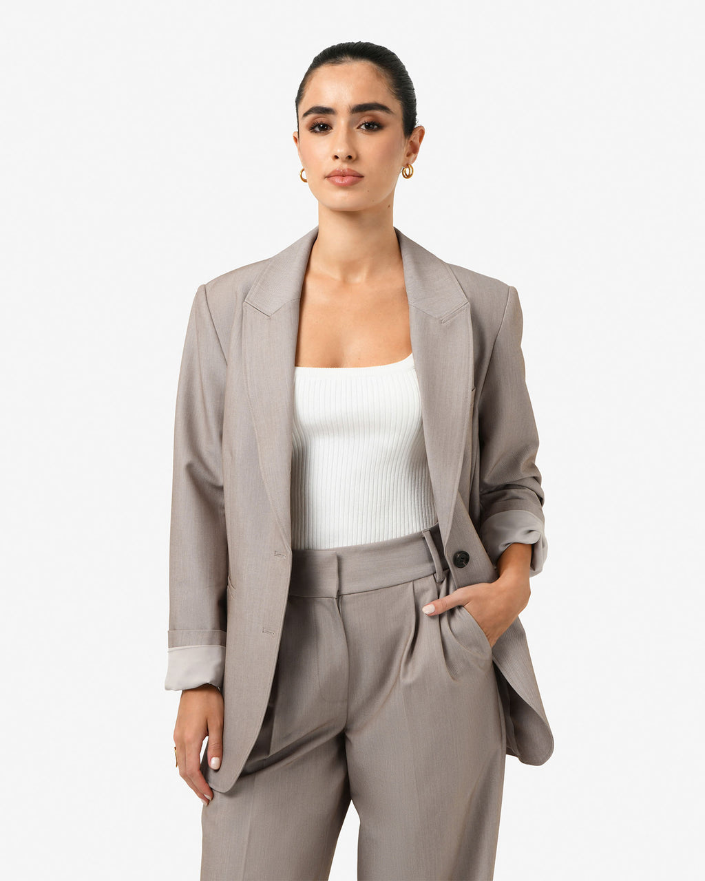 Fitzroy Single Breasted Blazer in oyster beige — close-up view 2