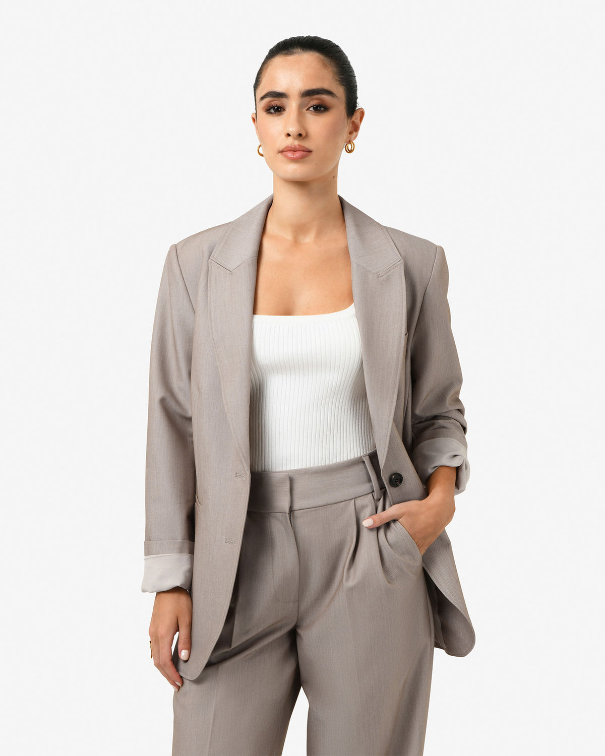 Fitzroy Single Breasted Blazer in oyster beige — close-up view 2