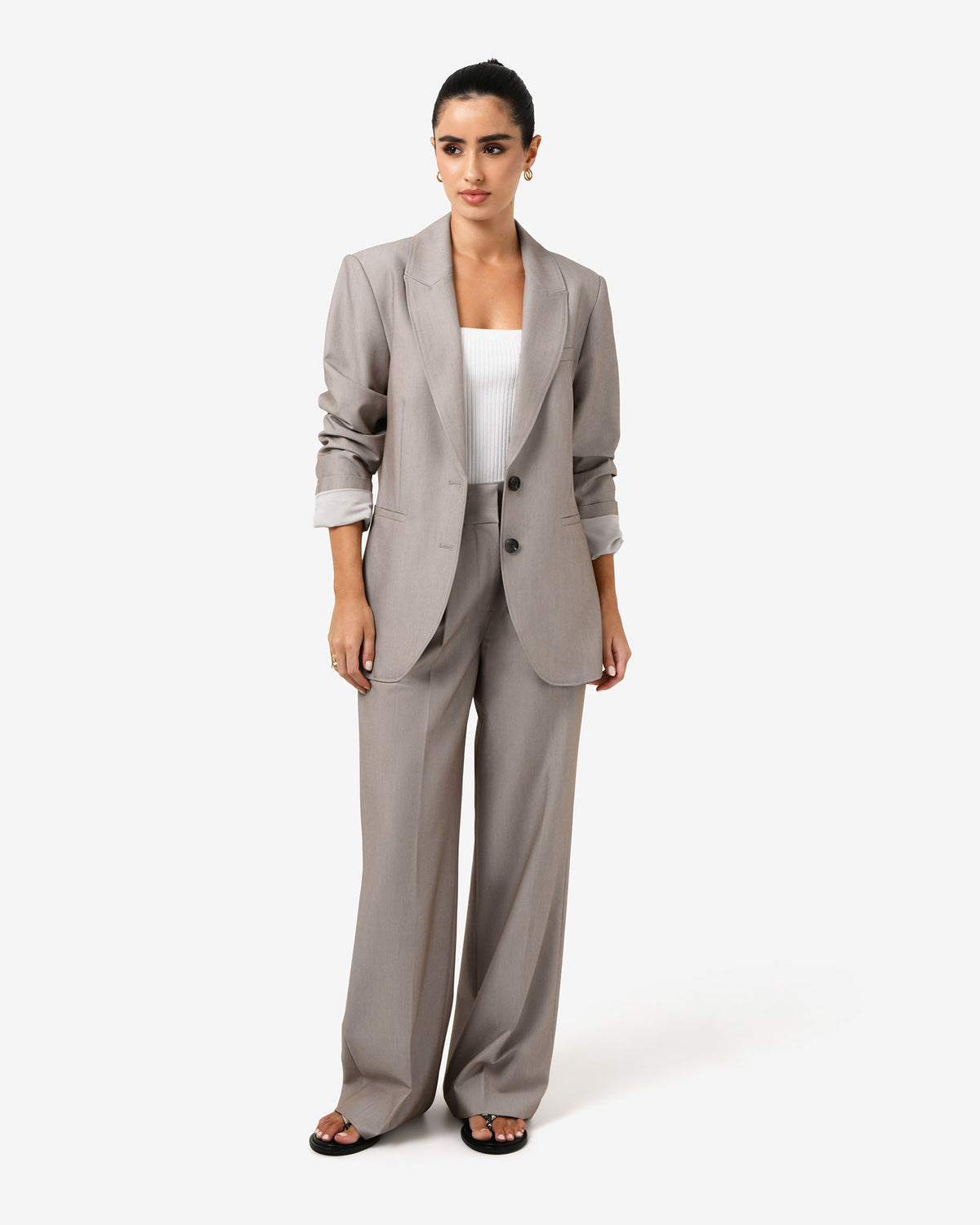 Fitzroy Single Breasted Blazer in oyster beige — full-length view