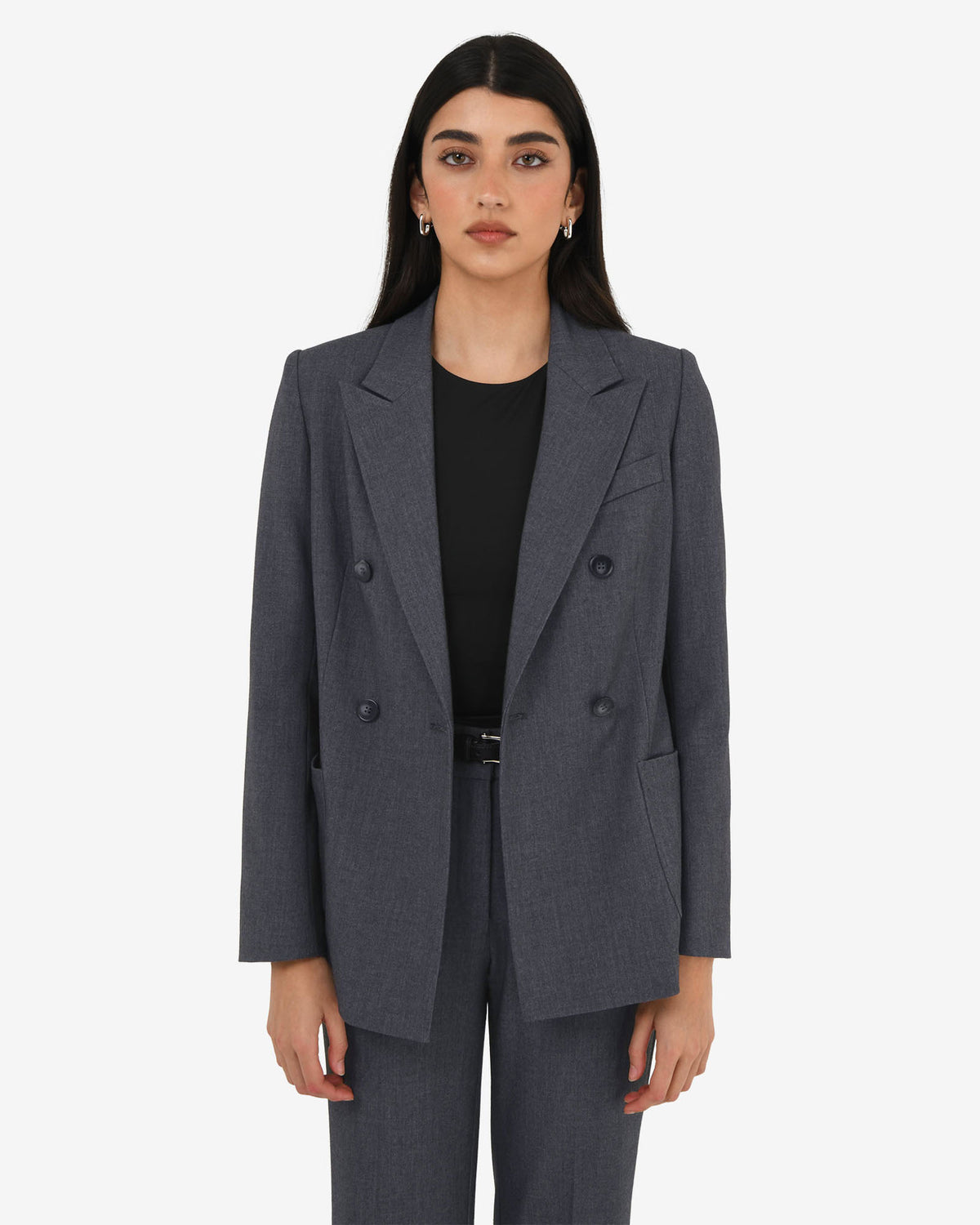 Merid Double Breasted Blazer in dark grey — close-up view
