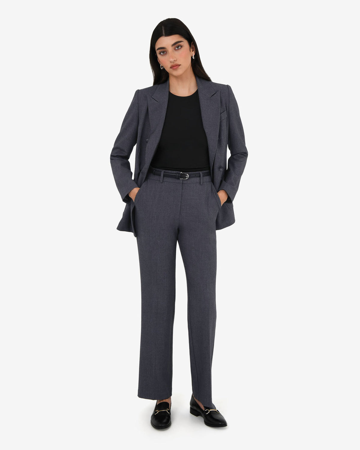 Merid Double Breasted Blazer in dark grey — full-length view