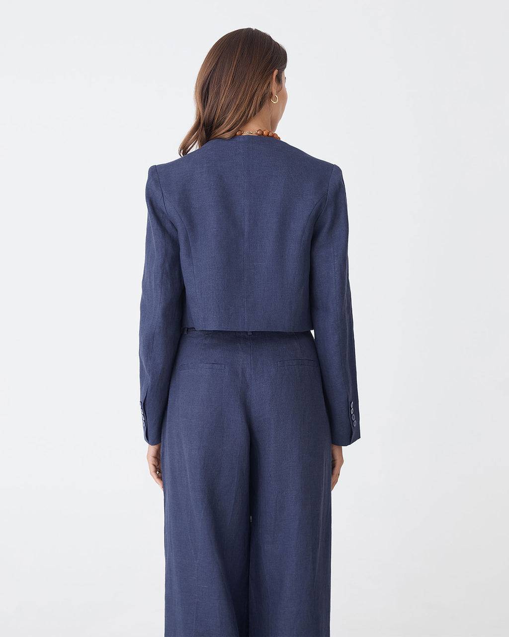 Ami Cropped Linen Jacket in wash navy — back view