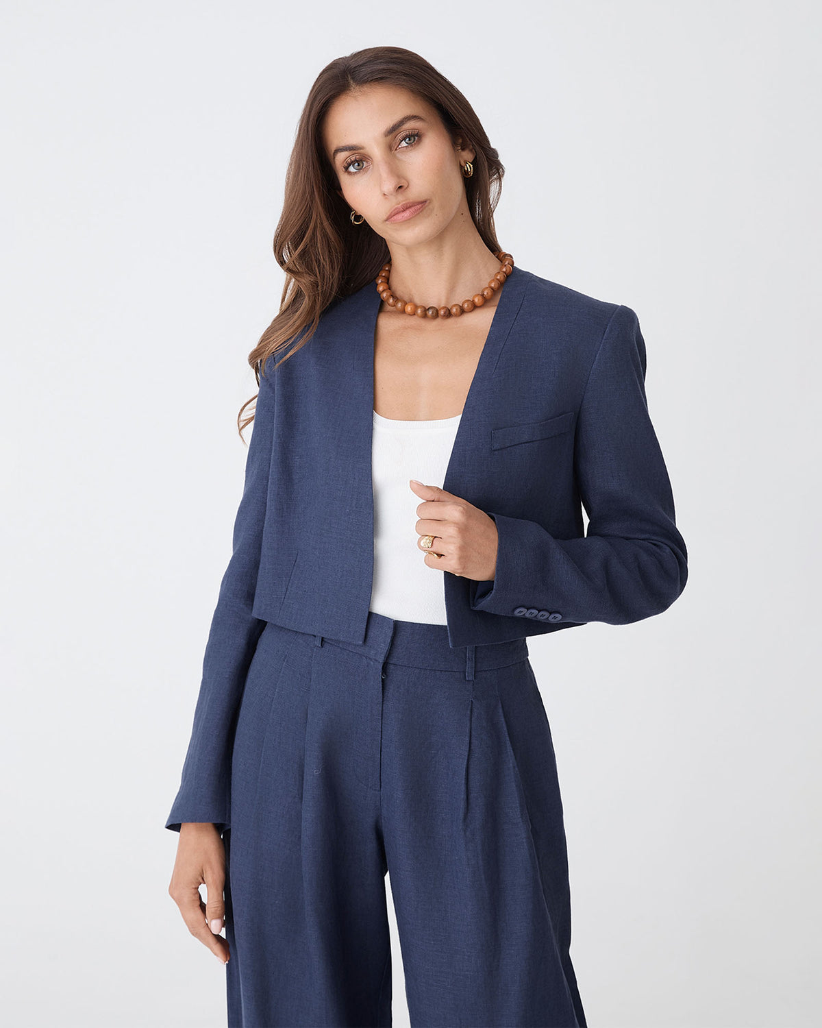Ami Cropped Linen Jacket in wash navy — close-up view 2
