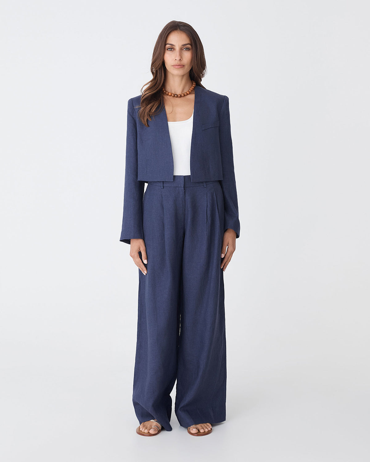 Ami Cropped Linen Jacket in wash navy — full-length view