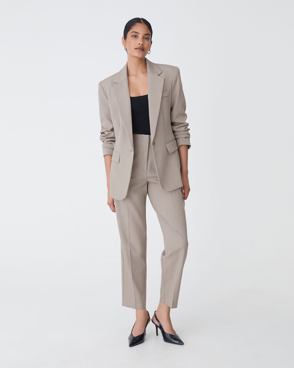 Mila Single Breasted Blazer in fawn — full-length view