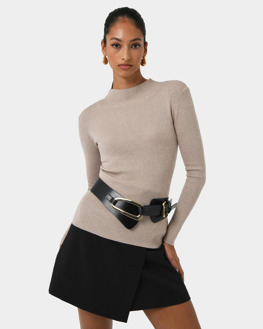 Avelyn Mock Neck Knit in oatmeal — close-up view