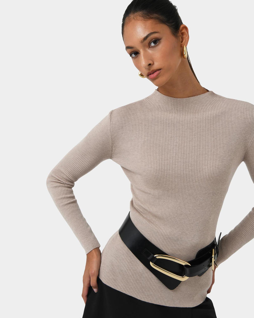 Avelyn Mock Neck Knit in oatmeal — close-up view 2