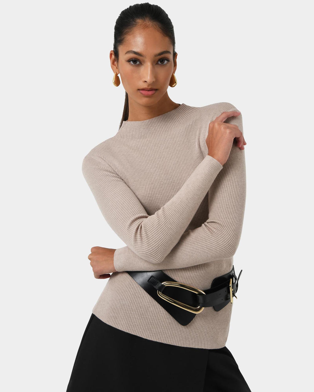 Avelyn Mock Neck Knit in oatmeal — close-up view 3
