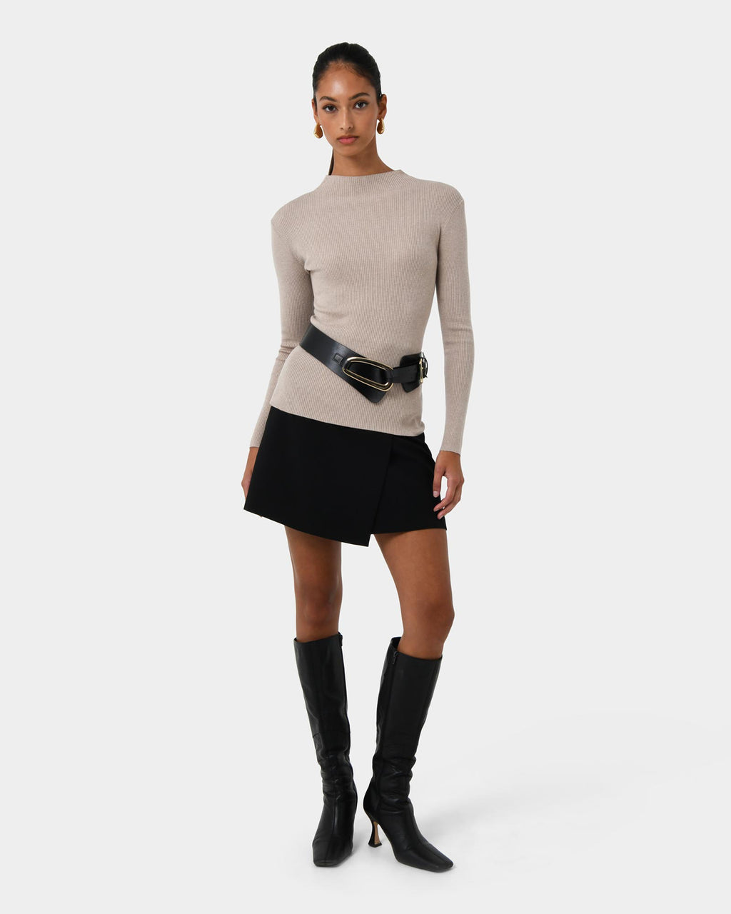 Avelyn Mock Neck Knit in oatmeal — full-length view