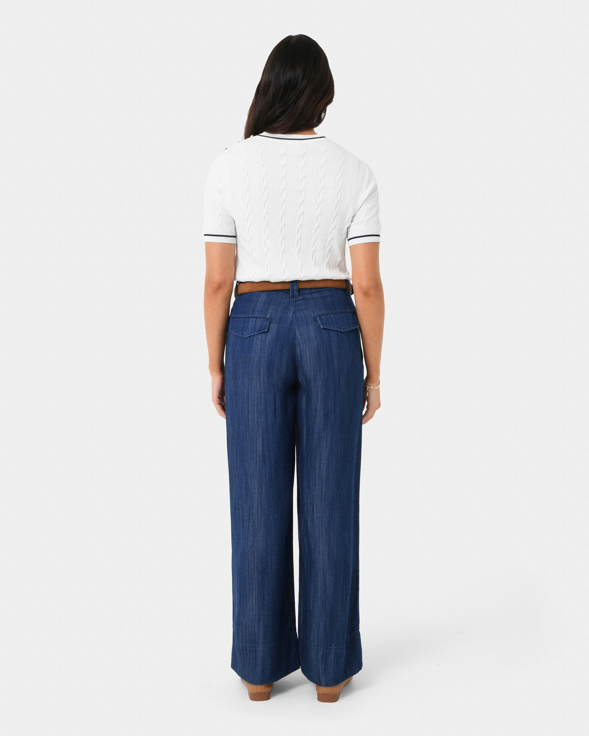 Harvey Cable Knit Top in navy ivory — back view