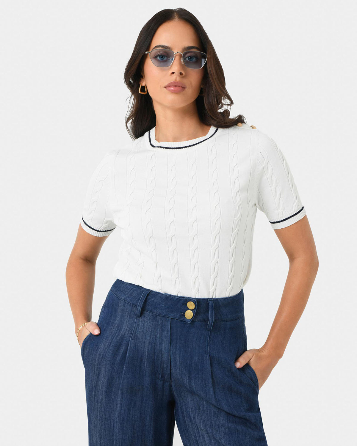 Harvey Cable Knit Top in navy ivory — close-up view