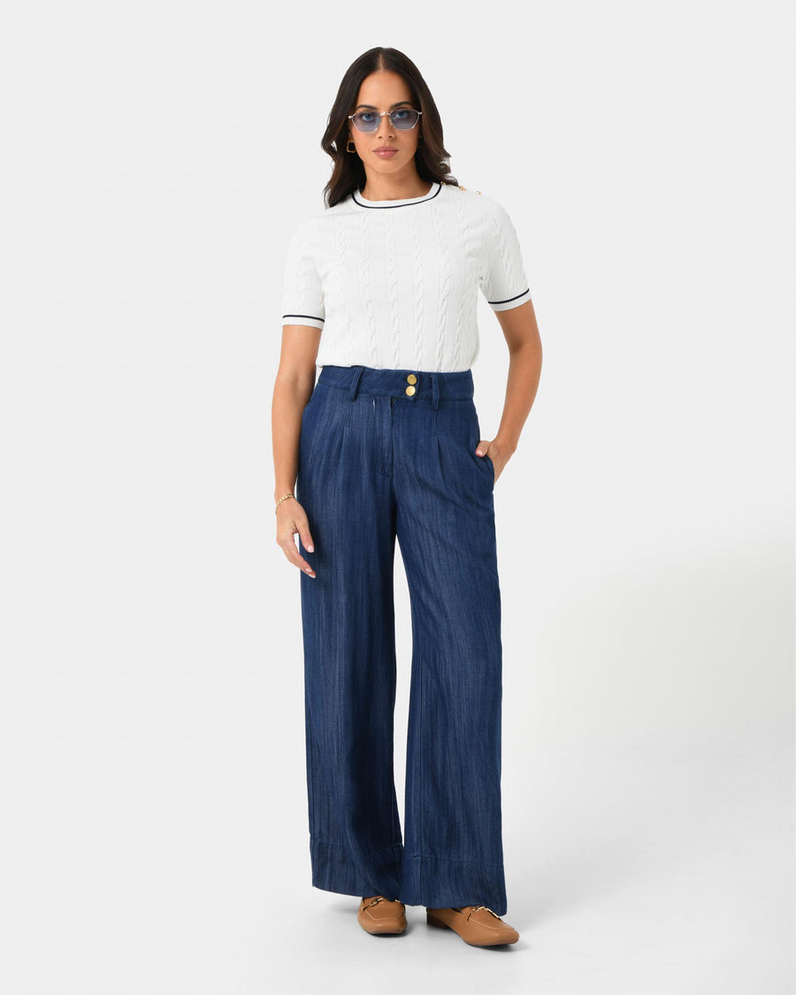 Harvey Cable Knit Top in navy ivory — full-length view