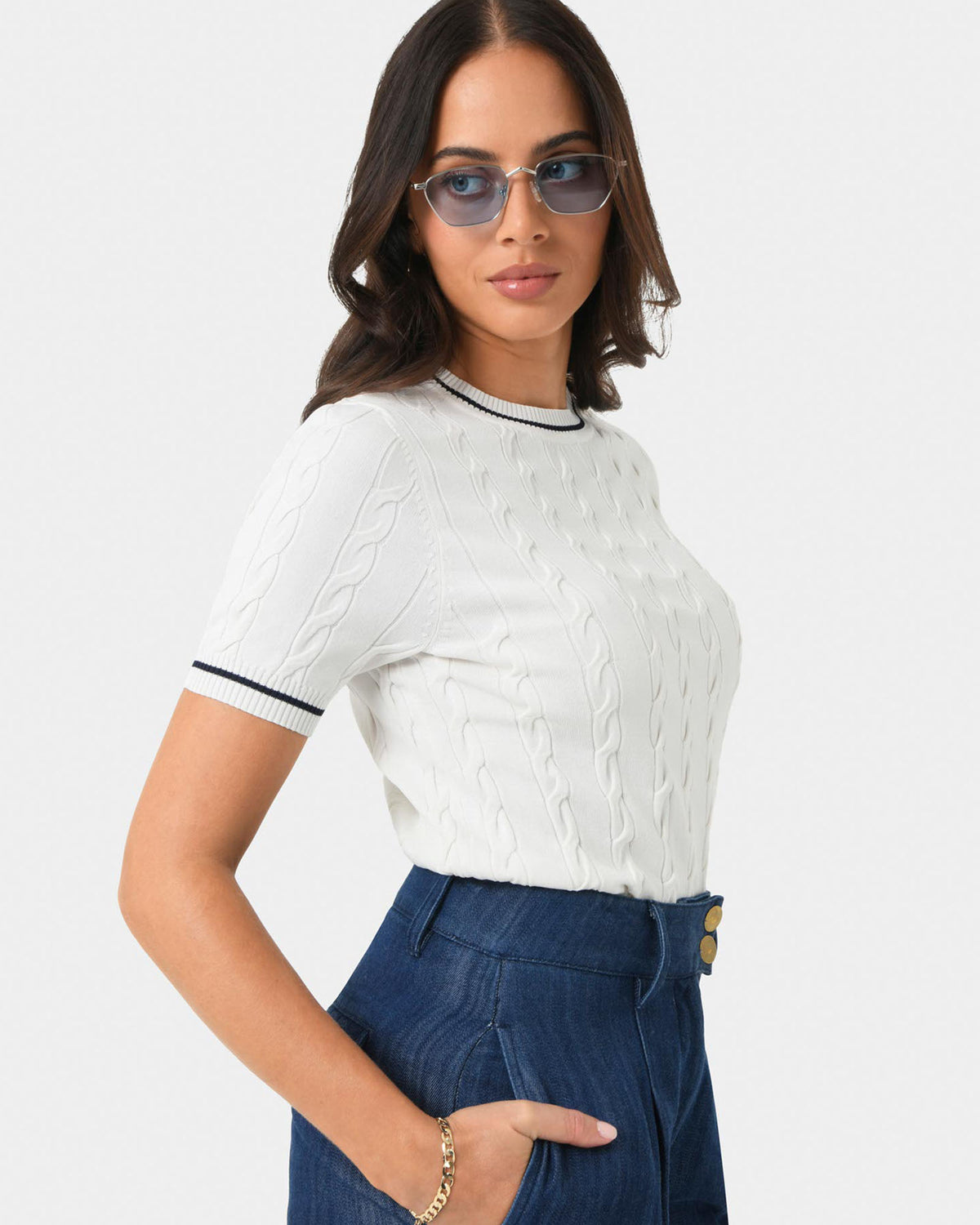 Harvey Cable Knit Top in navy ivory — side view