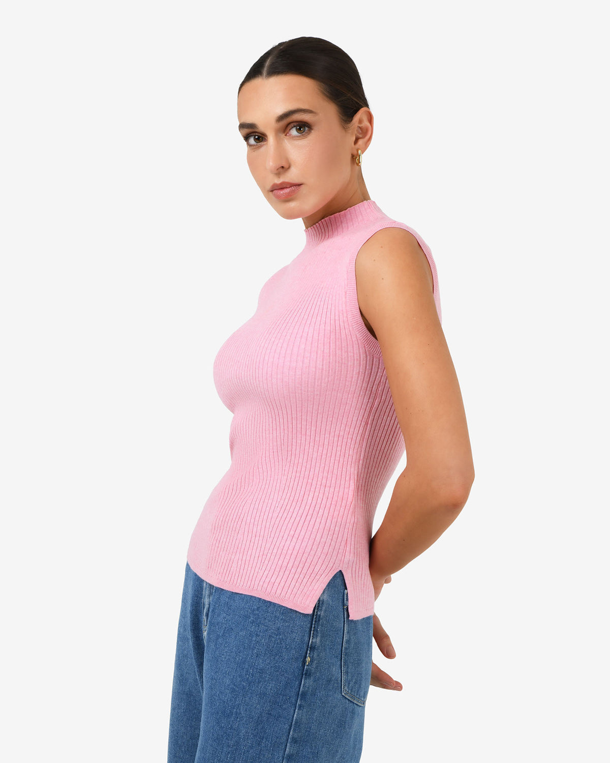 Charm Mock Neck Knit in pink — side view
