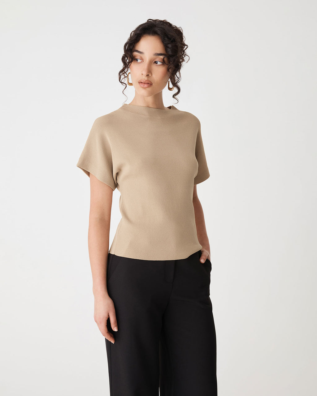 Jemma Relaxed Knit Top in beige — close-up view
