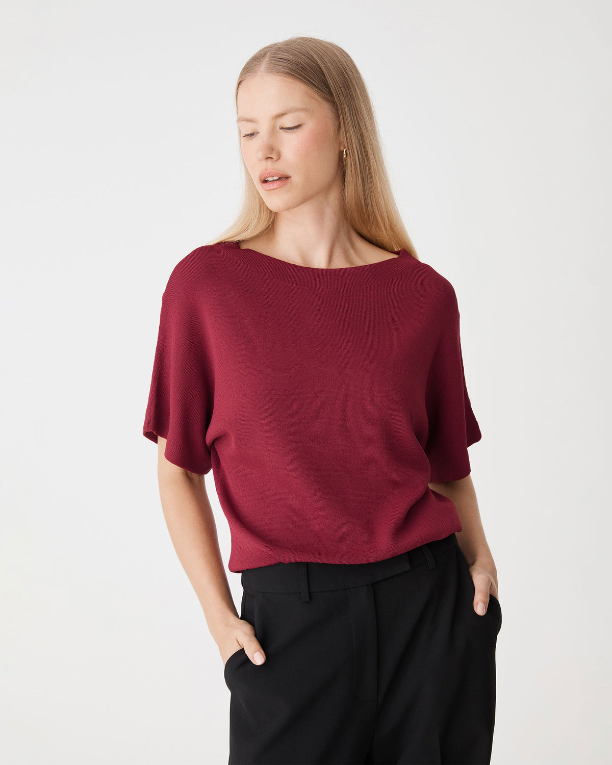 Jemma Relaxed Knit Top in deep red — close-up view