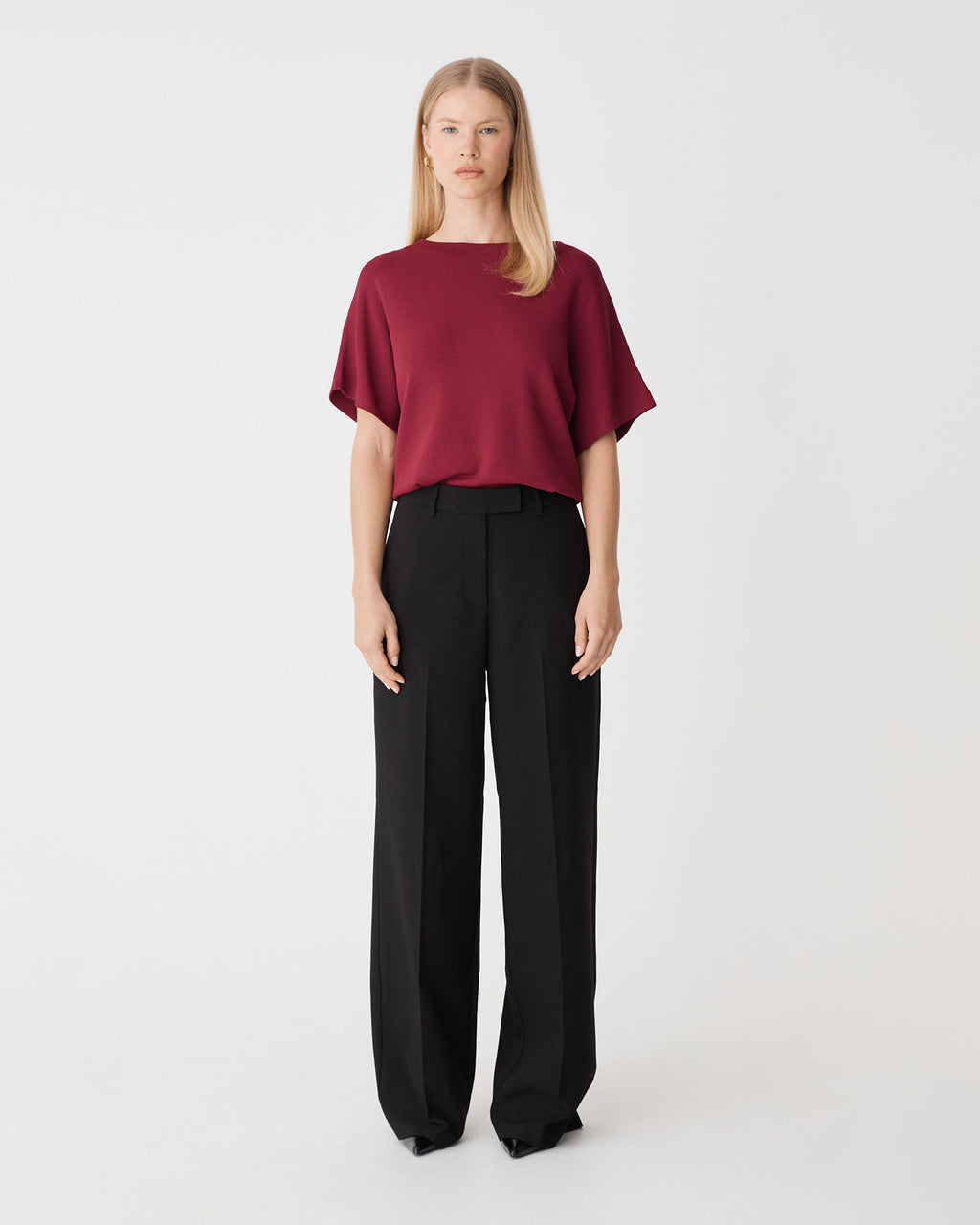 Jemma Relaxed Knit Top in deep red — full-length view