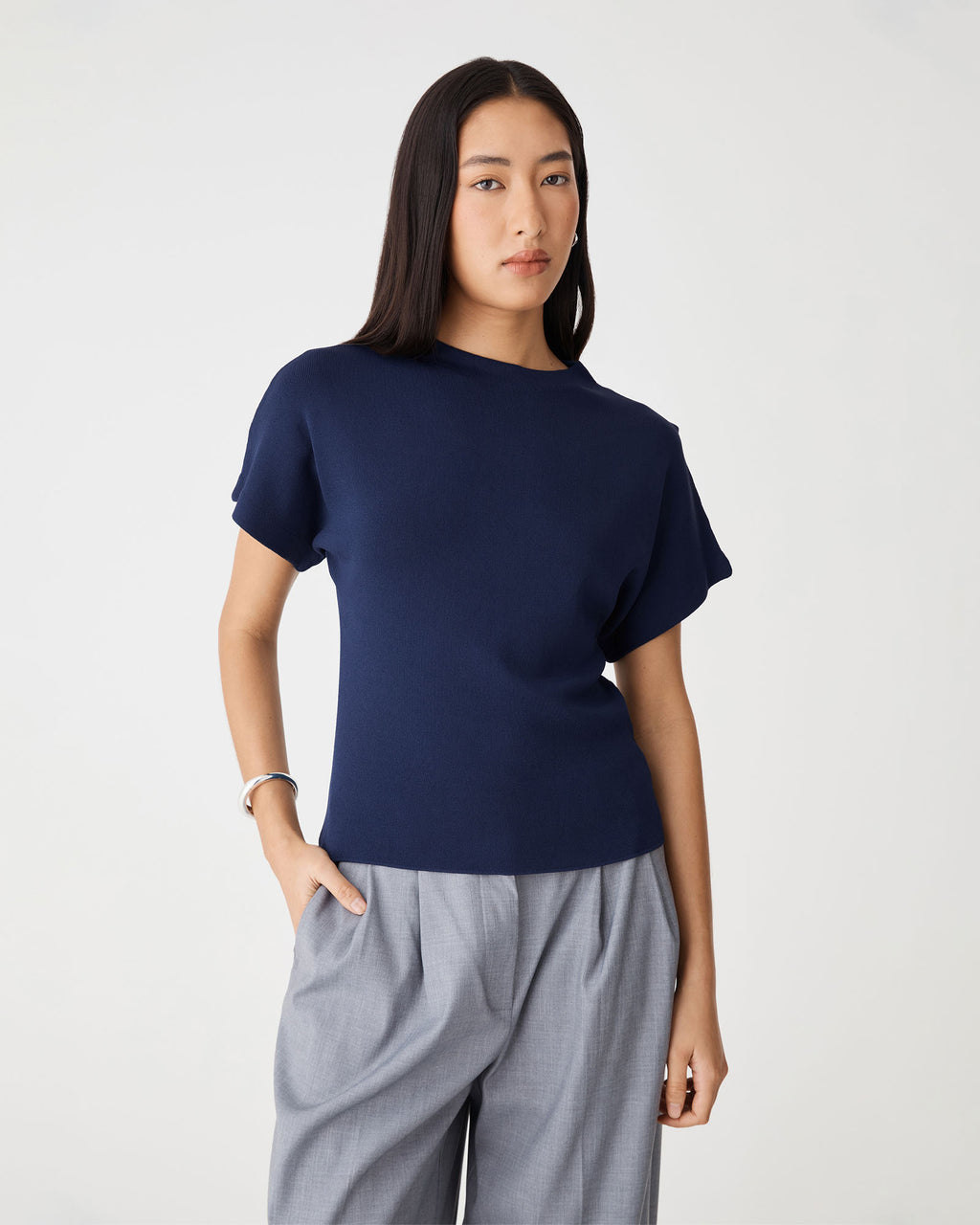 Jemma Relaxed Knit Top in navy — close-up view