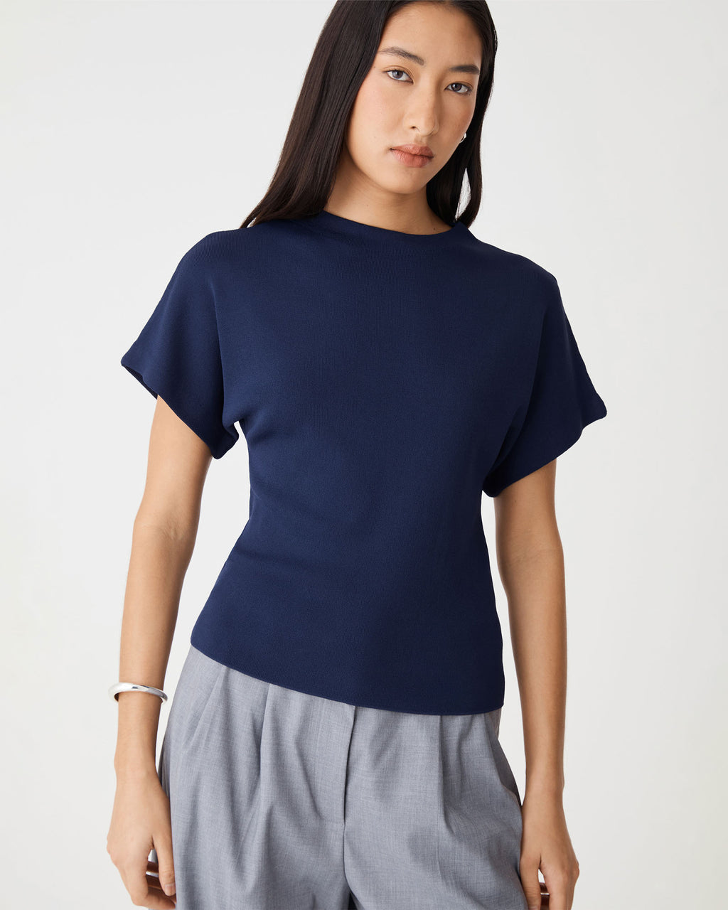 Jemma Relaxed Knit Top in navy — close-up view 2