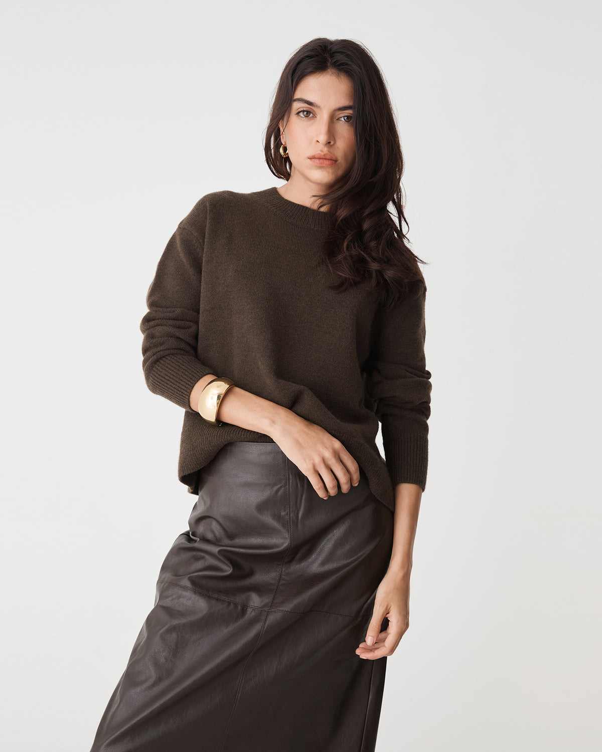 Joyli Round Neck Knit in chocolate — close-up view