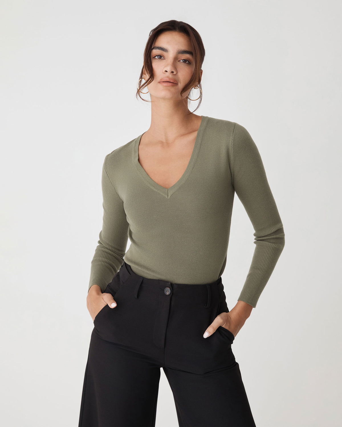 Vicky V-Neck Knit in olive leaf — close-up view