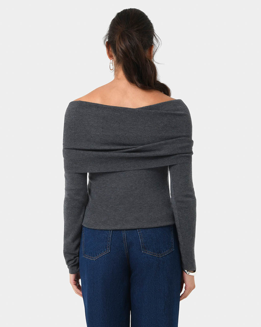 Ally Off Shoulder Knit in charcoal grey — back view