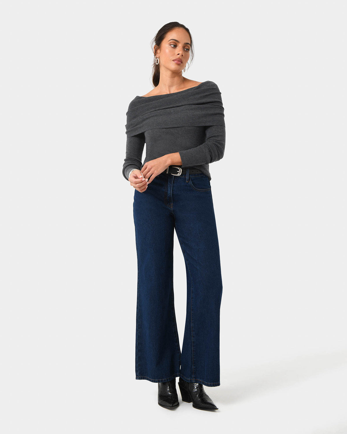 Ally Off Shoulder Knit in charcoal grey — full-length view