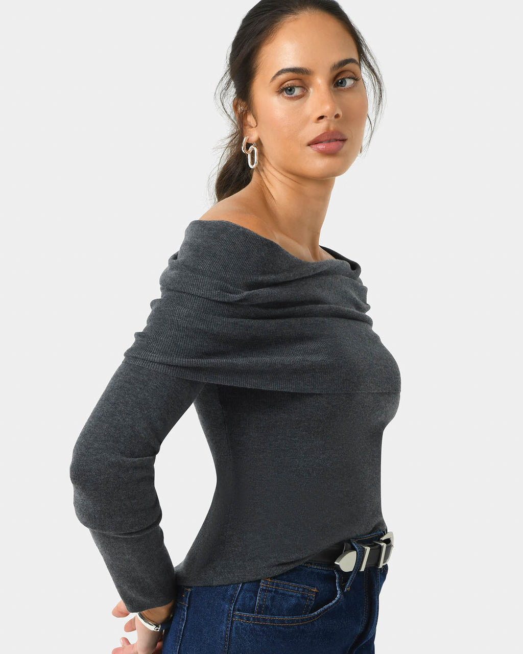 Ally Off Shoulder Knit in charcoal grey — side view