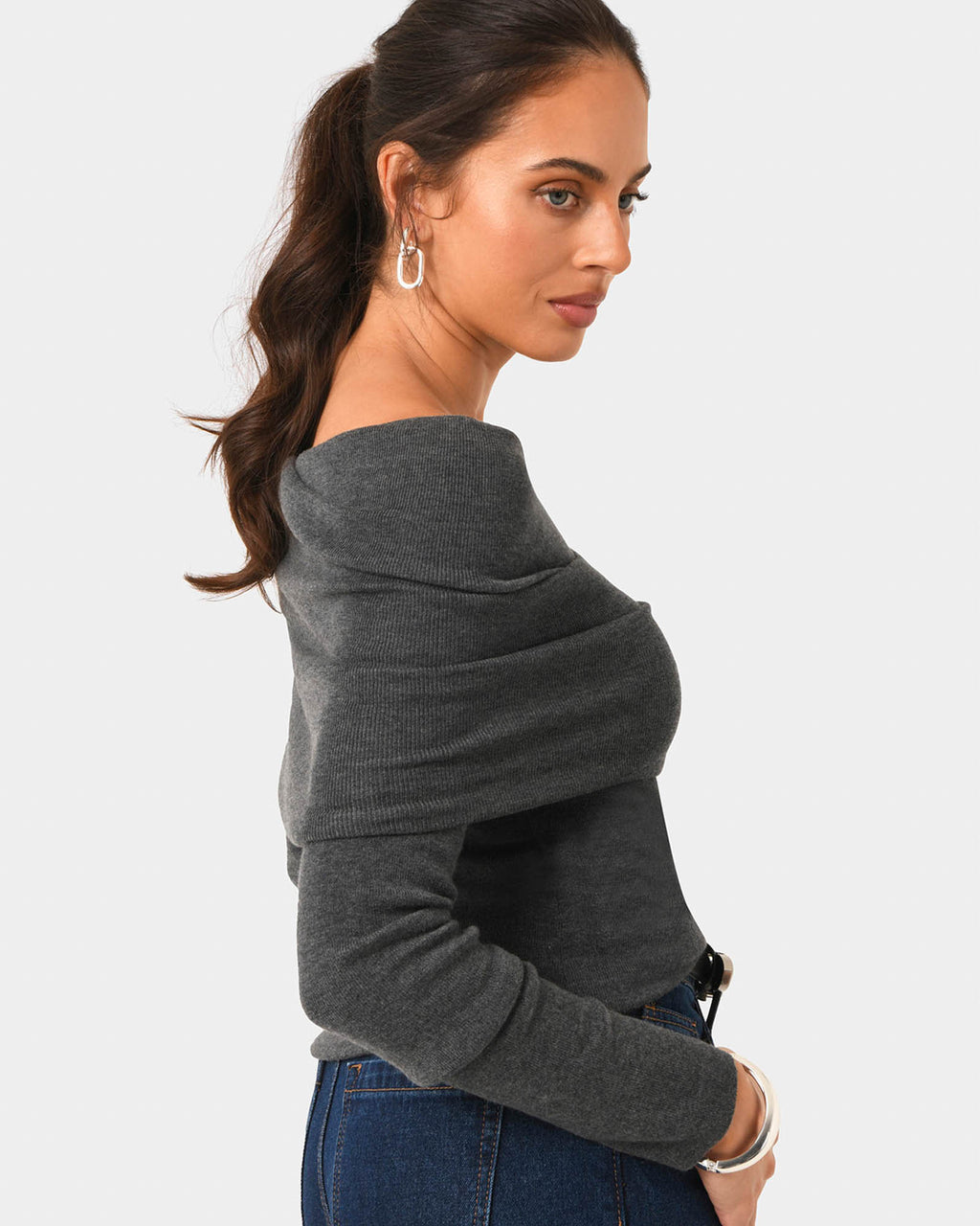Ally Off Shoulder Knit in charcoal grey — side view 2