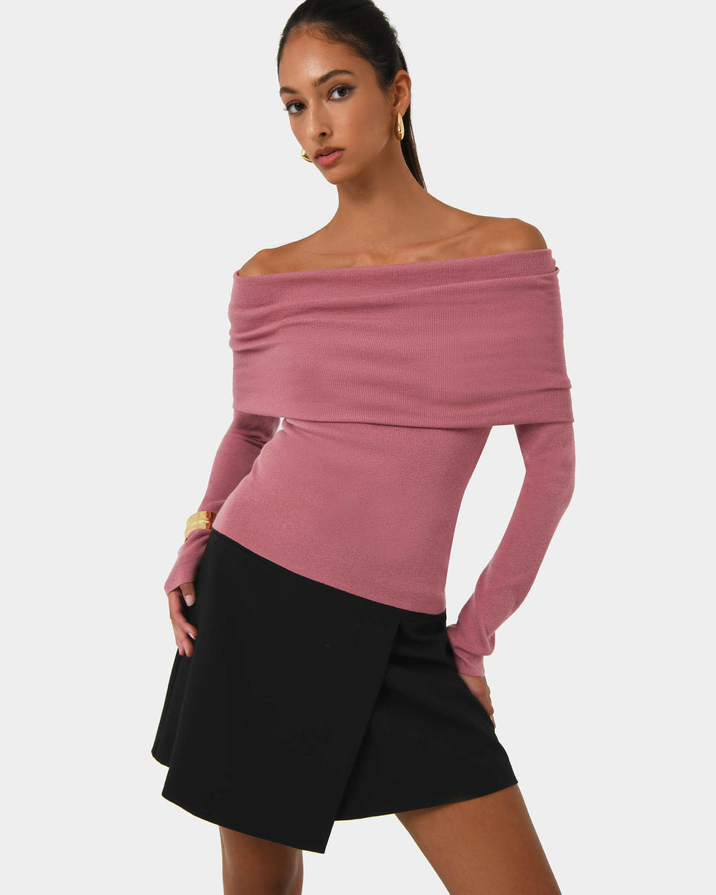 Ally Off Shoulder Knit in rose — close-up view