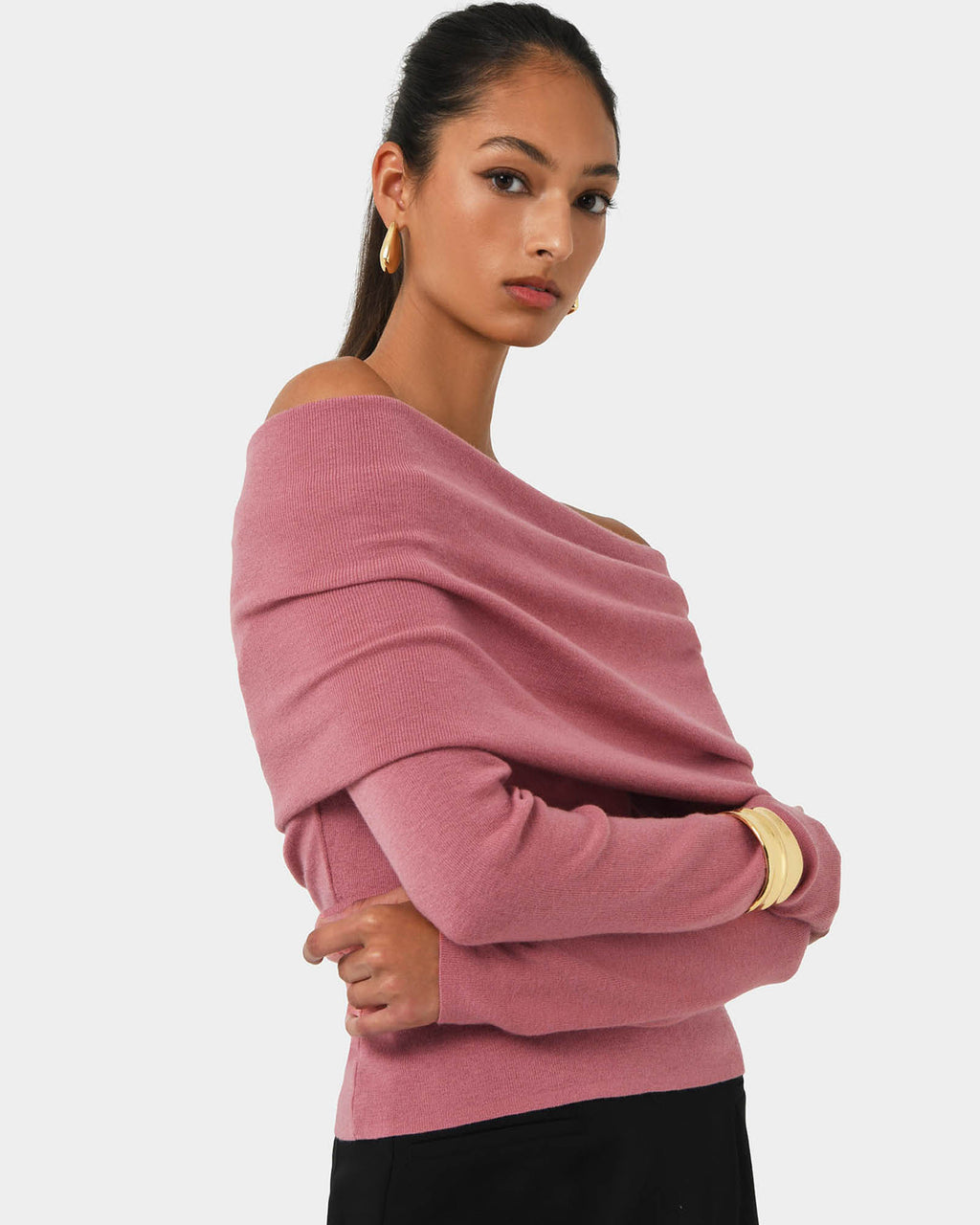 Ally Off Shoulder Knit in rose — side view