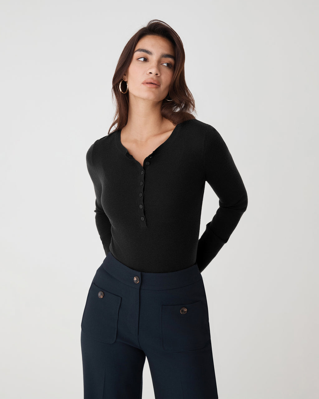 Henley Button Up Knit in black — close-up view