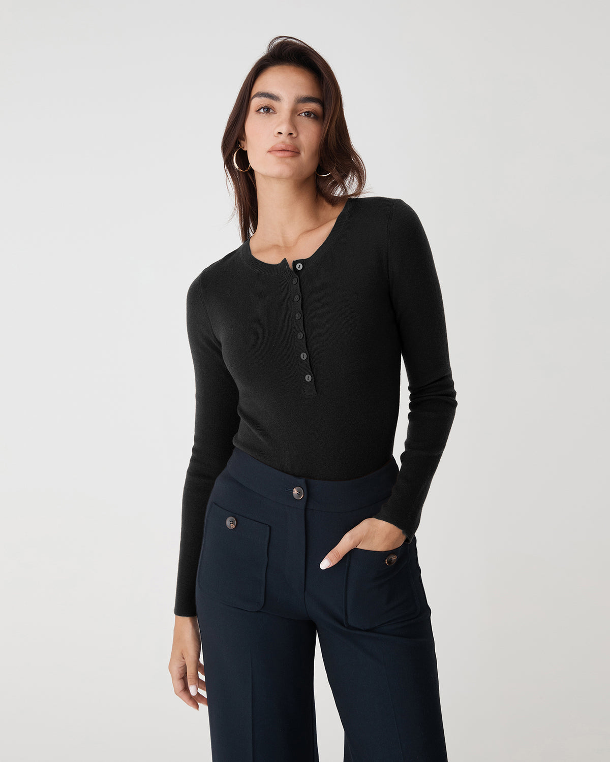 Henley Button Up Knit in black — close-up view 2