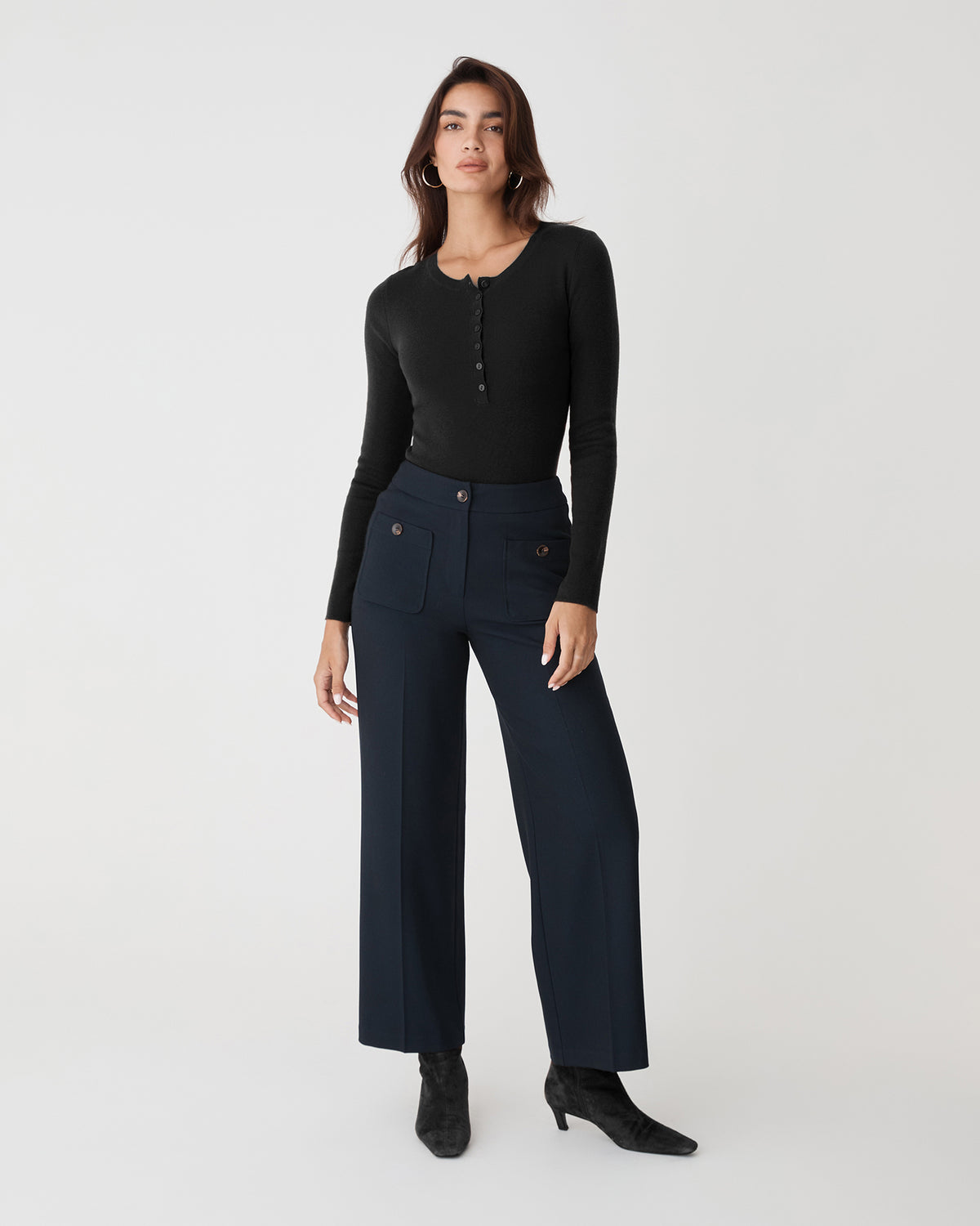 Henley Button Up Knit in black — full-length view