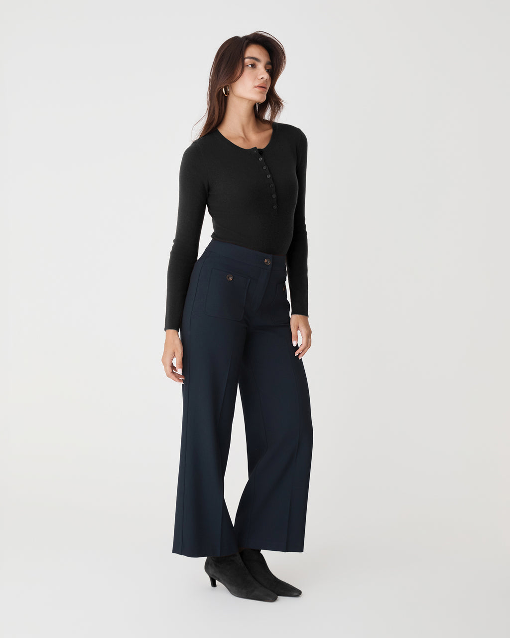 Henley Button Up Knit in black — side view