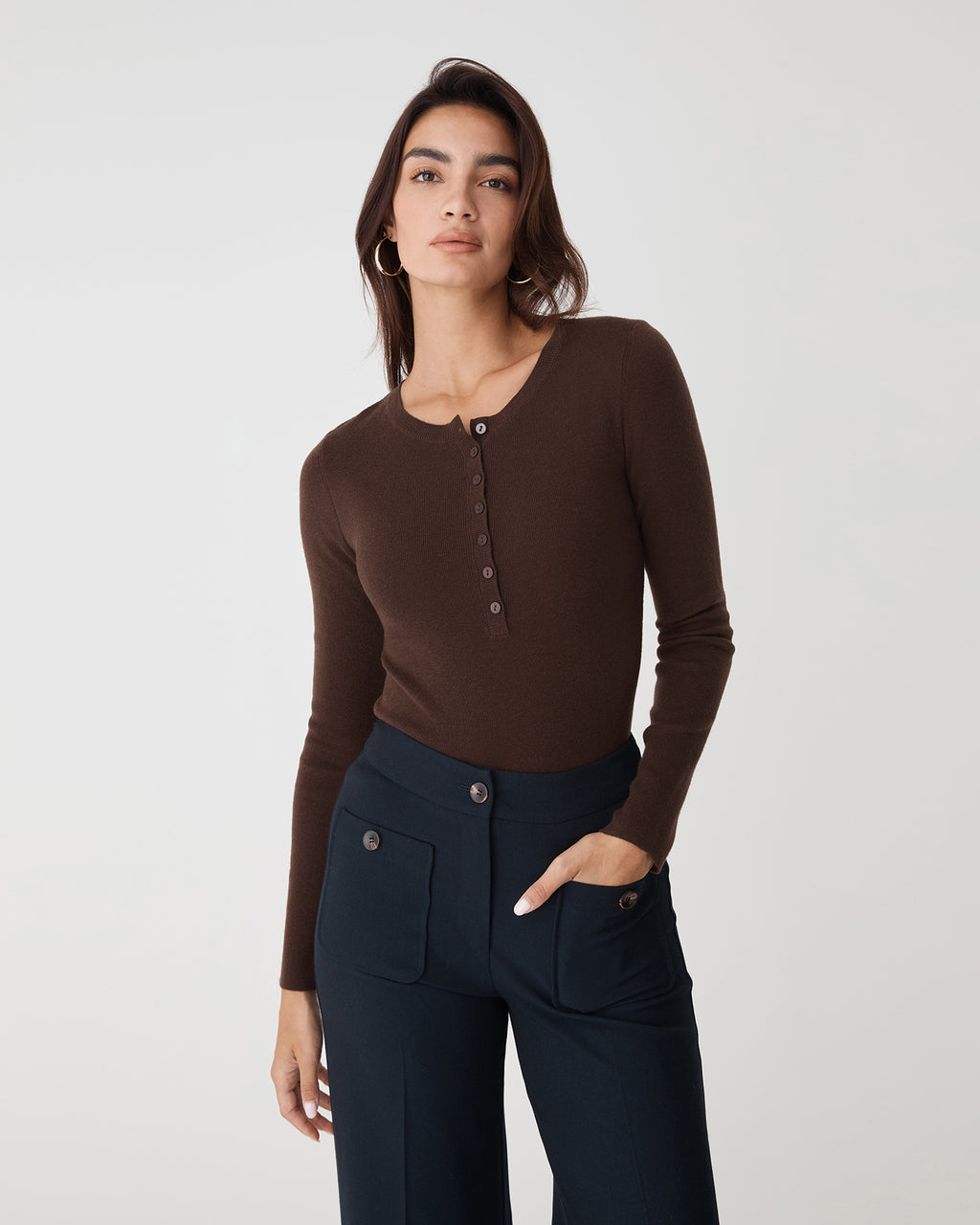 Henley Button Up Knit in chocolate — close-up view