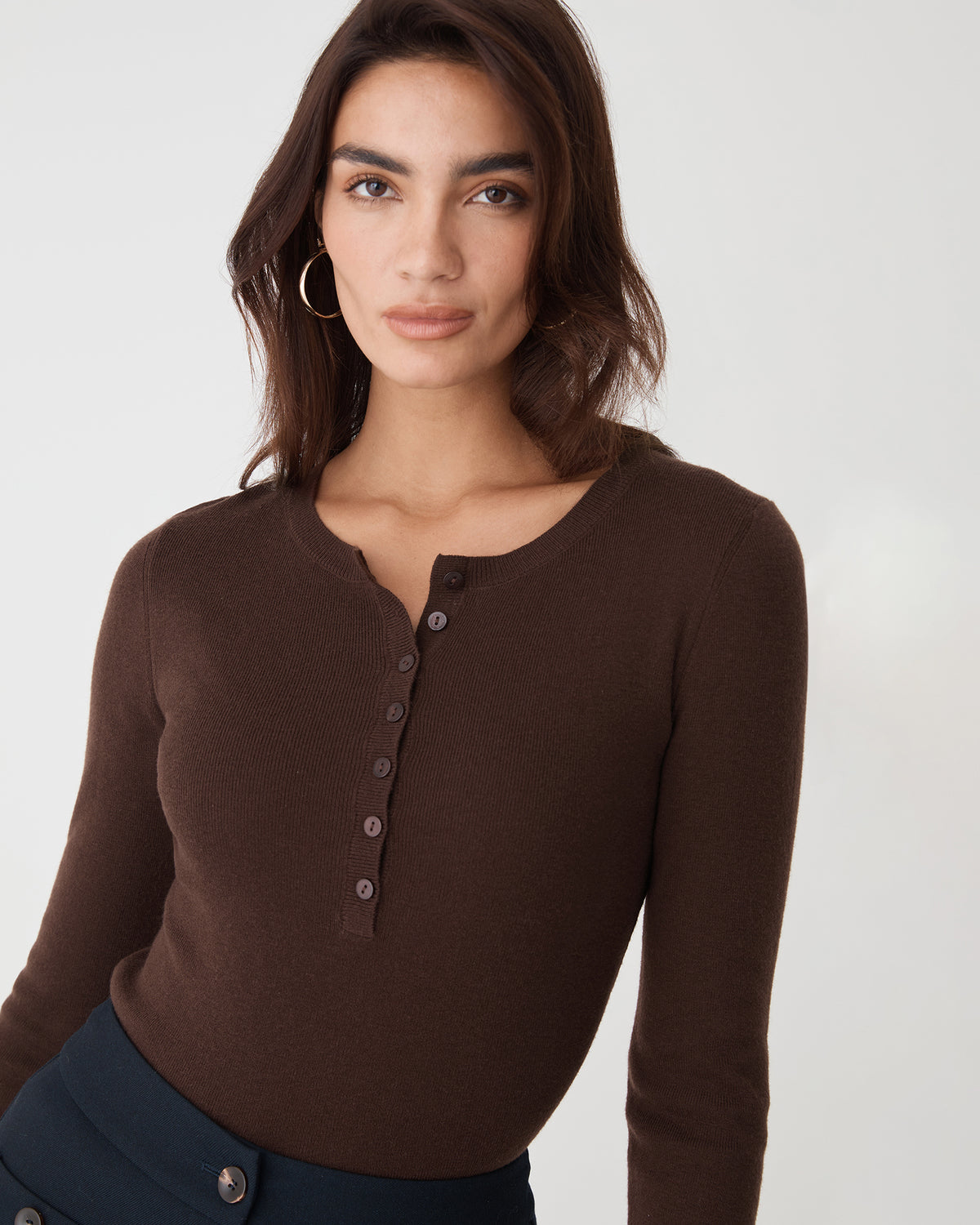 Henley Button Up Knit in chocolate — close-up view 2