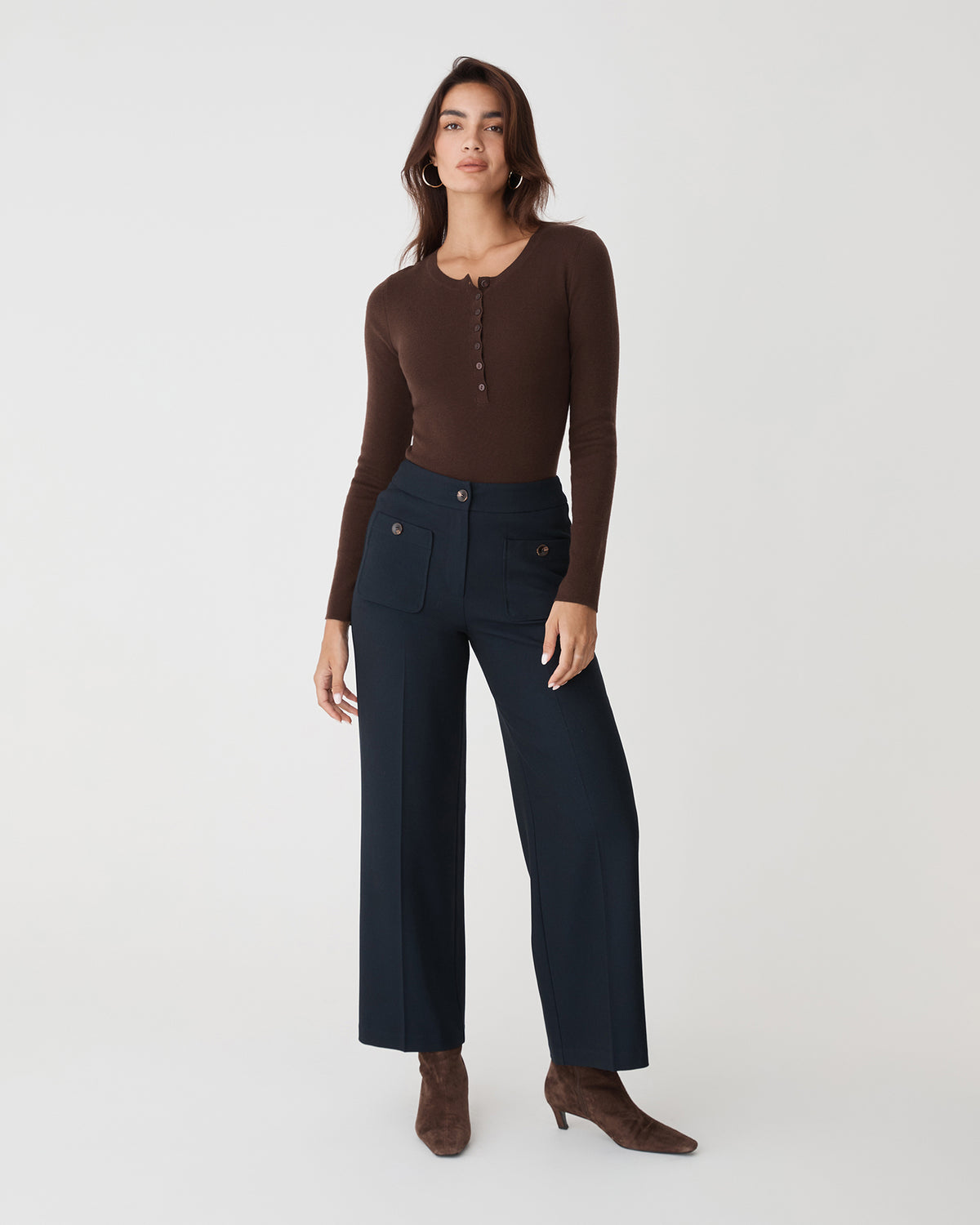 Henley Button Up Knit in chocolate — full-length view