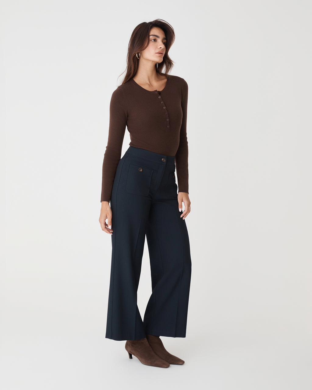 Henley Button Up Knit in chocolate — side view