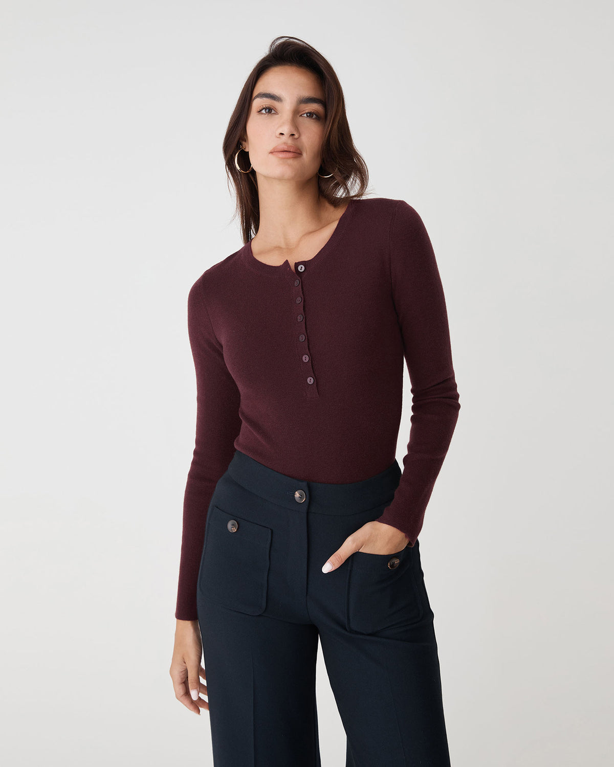 Henley Button Up Knit in shiraz — close-up view