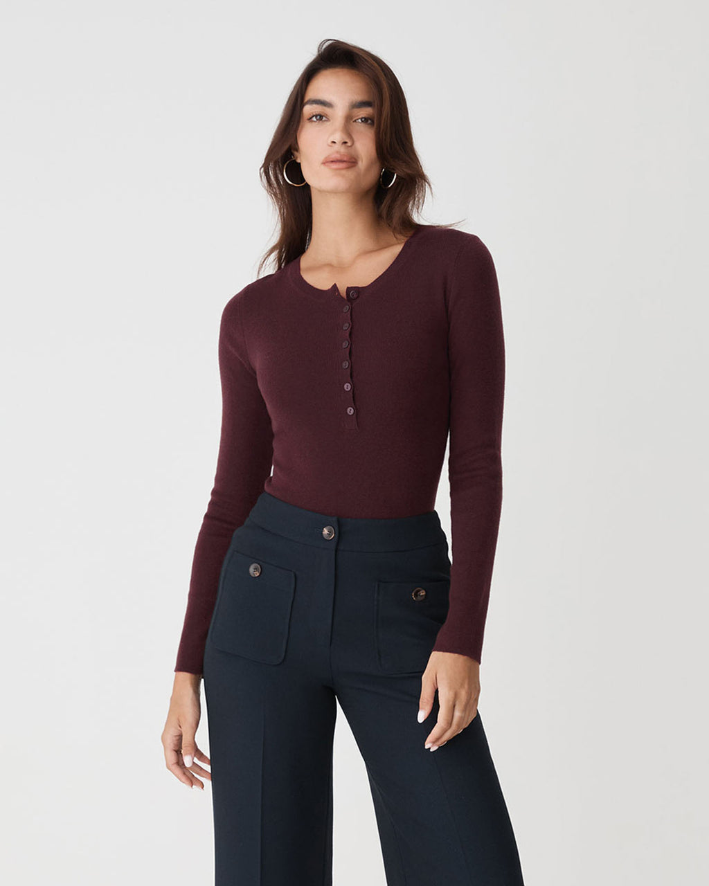 Henley Button Up Knit in shiraz — close-up view 2