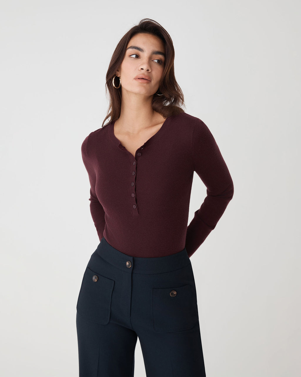 Henley Button Up Knit in shiraz — close-up view 3