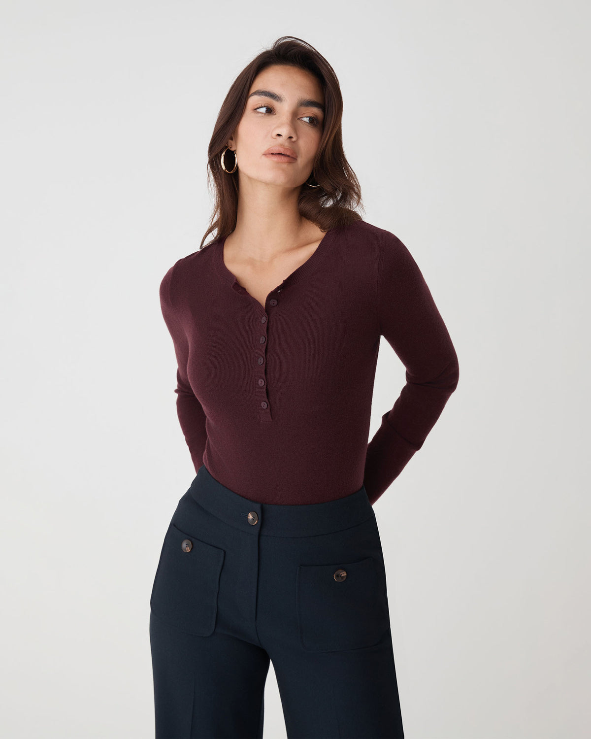 Henley Button Up Knit in shiraz — close-up view 3