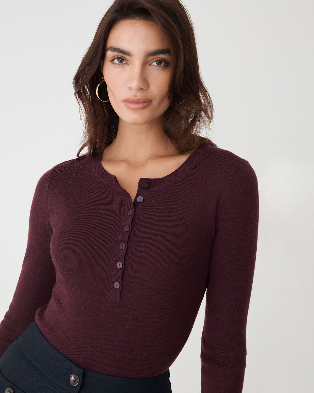 Henley Button Up Knit in shiraz — fabric detail