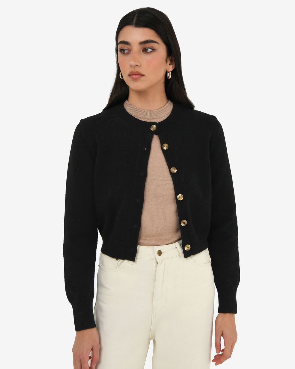 Alina Button Cardigan in black — close-up view